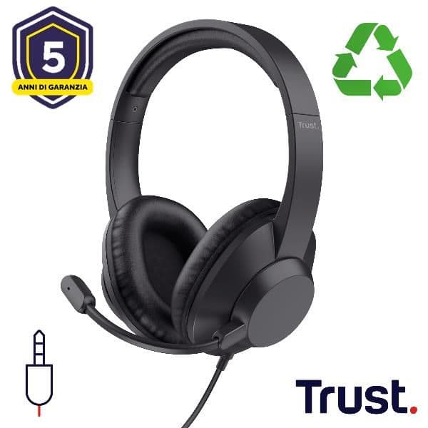 CUFFIE OVER-EAR CABLATE 1,8M JACK 3,5M CON MICROFONO FLIP TO MUTE - 85% PLASTICA RICICLATA - TRUST AYDA MAX - NERO