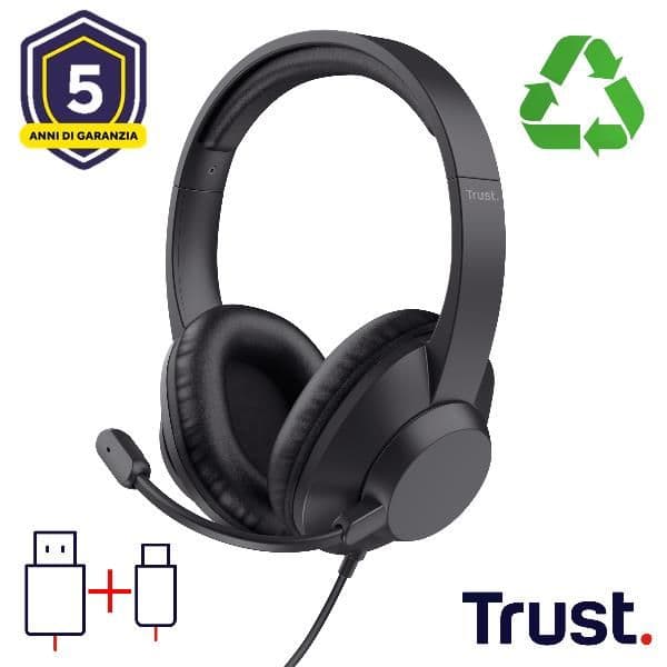 CUFFIE OVER-EAR CABLATE 1,8M USB CON MICROFONO FLIP TO MUTE - 85% PLASTICA RICICLATA - TRUST AYDA MAX USB - NERO