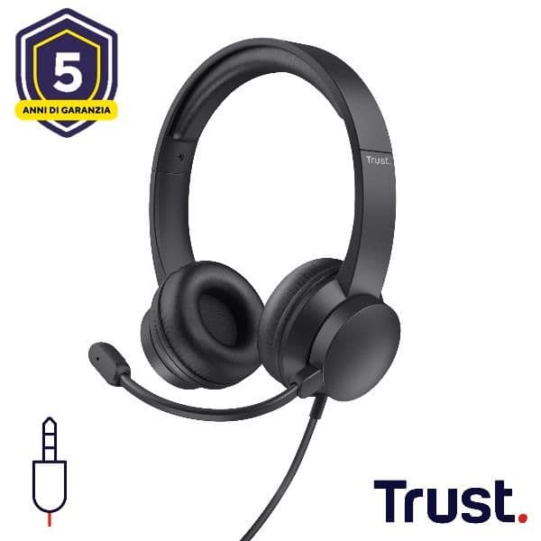 CUFFIE ON-EAR CABLATE 1,8M JACK 3,5MM CON MICROFONO FLIP TO MUTE - TRUST B2B HS-150 - NERO