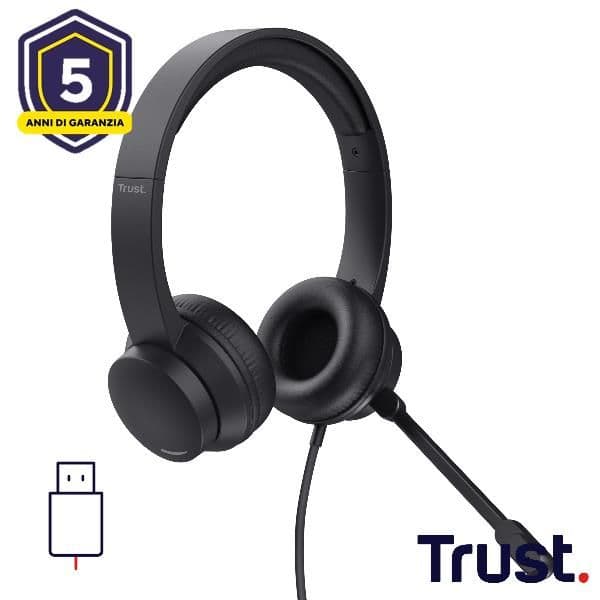 CUFFIE ON-EAR CABLATE 1,8M USB CON MICROFONO FLIP TO MUTE - TRUST B2B HS-201 USB - NERO