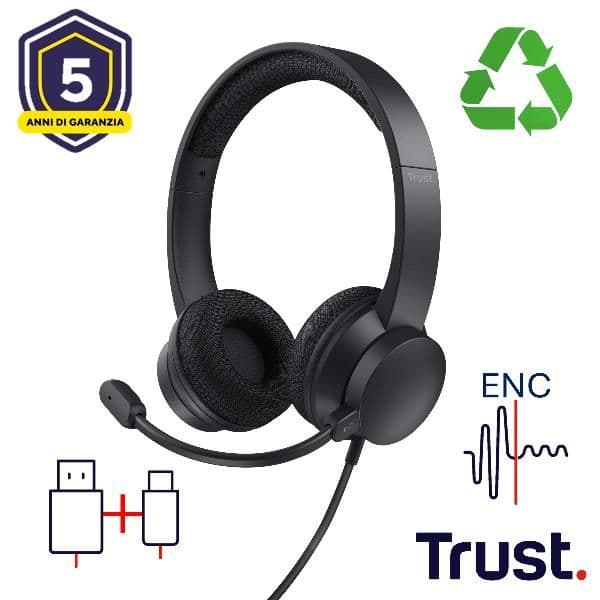 CUFFIE ON-EAR CABLATE 1,8M USB CON MICROFONO FLIP TO MUTE E RIDUZIONE RUMORE ENC - 65% PLASTICA RICICLATA - TRUST B2B HS-260 USB ENC - NERO