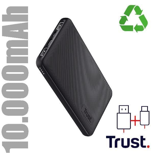 POWER BANK 10.000MAH - 2 USB-A 12W + 1 MICRO-USB + 1USB-C 15W - PLASTICA RICICLATA 50% - TRUST PRIMO POWERBANK - NERO