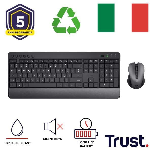 KIT DESK SET TASTIERA E MOUSE WIRELESS SUPER SILENZIOSI - LAYOUT ITALIANO - PLASTICA RICICLATA 85% - LUNGA DURATA BATTERIE (4 ANNI TASTIERA 1 ANNO MOUSE) - TRUST TREZO - NERO