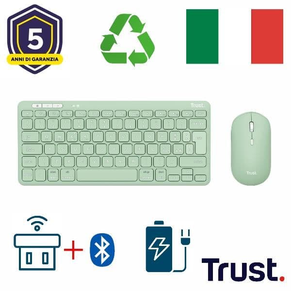 KIT DESK SET TASTIERA E MOUSE WIRELESS RICARICABILI MULTICONNECT 2 BT + 1 WL 2,4GHZ - PLASTICA RICICLATA 51% - LAYOUT ITALIANO - TRUST LYRA VERDE