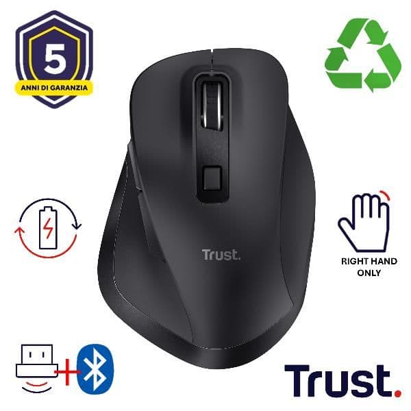 MOUSE WIRELESS RICARICABILE MULTICONNECT BT + WL 2,4GHZ - 2.400DPI - PLASTICA RICICLATA 50% - TRUST FYDA MULTIDEVICE - NERO