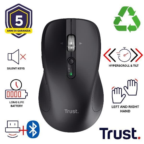 MOUSE WIRELESS MULTICONNECT 2x BT + WL 2,4GHZ CON ROTELLA HYPERSCROLL + SCROLL ORIZZONTALE - PLASTICA RICICLATA 85% - DURATA BATTERIE 19M - SILENT - 3200DPI - TRUST FERRO - NERO