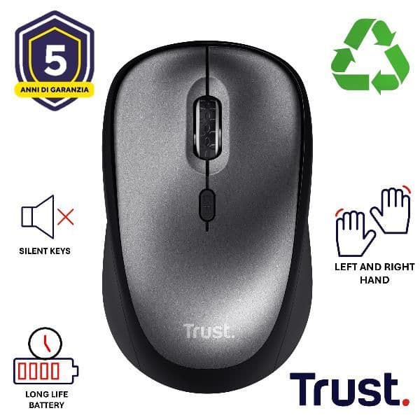 MOUSE WIRELESS SILENZIOSO - 1600DPI - PLASTICA RICICLATA 83% - DURATA BATTERIA 12 MESI - TRUST YVI+ NERO