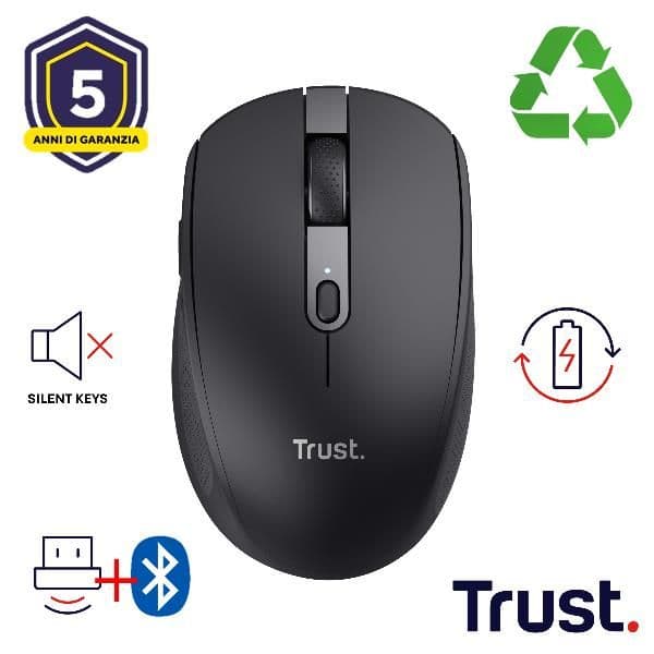 MOUSE WIRELESS RICARICABILE MULTICONNECT BT + WL 2,4GHZ SILENZIOSO - 3200DPI - PLASTICA RICICLATA 60% - TRUST OZAA COMPACT - NERO