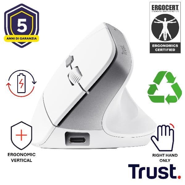 MOUSE ERGONOMICO (CERTIFICATO ERGOCERT) VERTICALE WIRELESS RICARICABILE - 2400DPI - PLASTICA RICICLATA 70% - TRUST BAYO II BIANCO