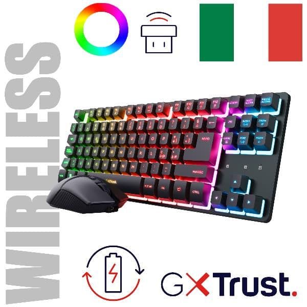 SET GAMING WIRELESS TASTIERA + MOUSE RICARICABILI RGB - BATTERIA LUNGA DURATA - LAYOUT ITALIANO - TRUST GXT 832 THADO COMBO - NERO