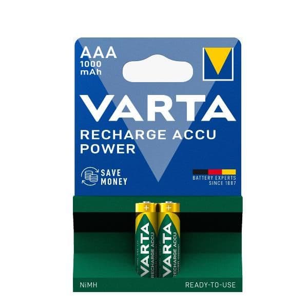 Varta Batteria Ricaricabile AAA MiniStilo, 1000 mAh, Confezione da 2 Pezzi, Pre-caricate