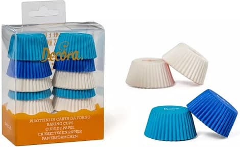 Decora Pirottini Mini Muffin Bianchi, Celesti e Blu (200 pz) – Carta Forno Antiaderente per Cottura Professionale (Ø3,2×H2,2cm)