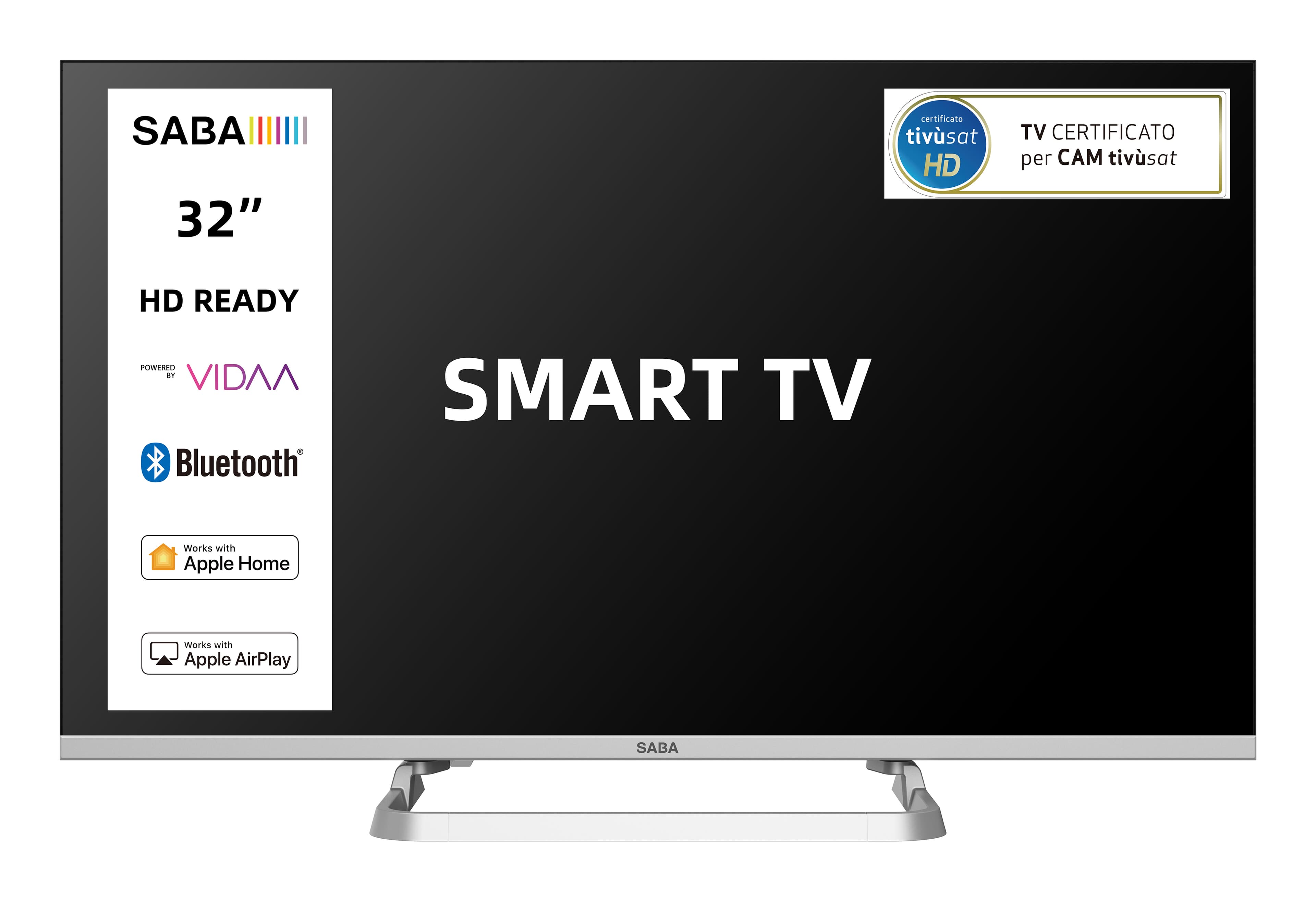SABA SA32SM10VDA SMART TV 32" HD READY, Sistema operativo VIDAA, Triplo tuner DVBT2/C/S2 HEVC MAIN10, Certificato TivuSAT, Piedistallo centrale, Dolby Audio GARANZIA ITALIA