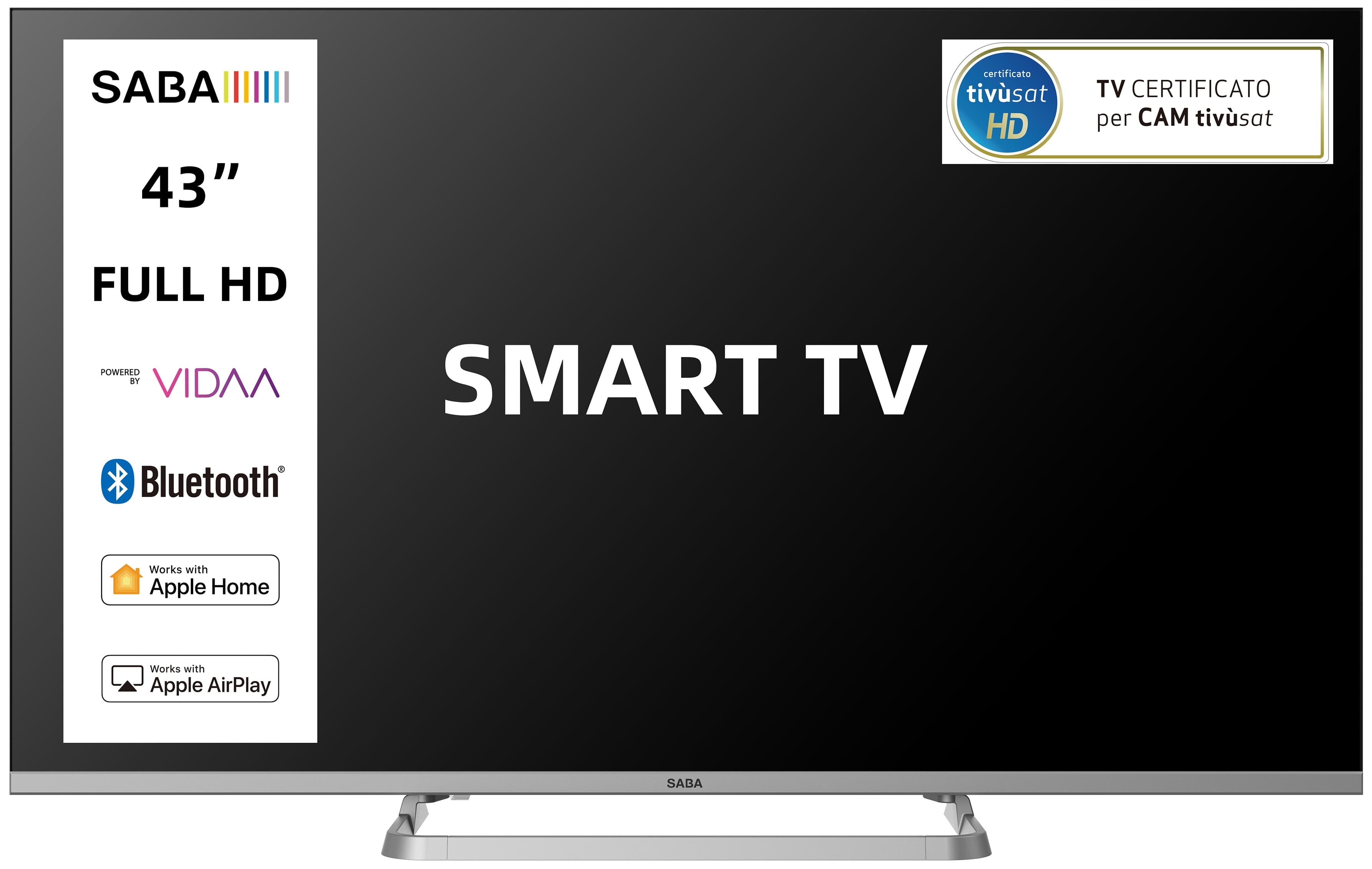 SABA SA43SM10VDA SMART TV 43" FULL HD, Sistema operativo VIDAA, Triplo tuner DVBT2/C/S2 HEVC MAIN10, Certificato TivuSAT, Piedistallo centrale, Dolby Audio GARANZIA ITALIA
