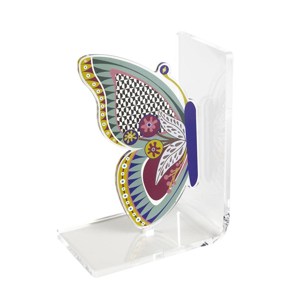 REGGILIBRO FARFALLA IN CRISTALLO ACRILICO TRASPARENTE CON DECORO MULTICOLOR