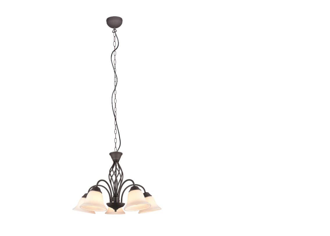 RUSTICA LAMPADARIO METALLO RUGGINE CON 5 DIFFUSORI VETRO BIANCO D. 60CM ATTACCO E14