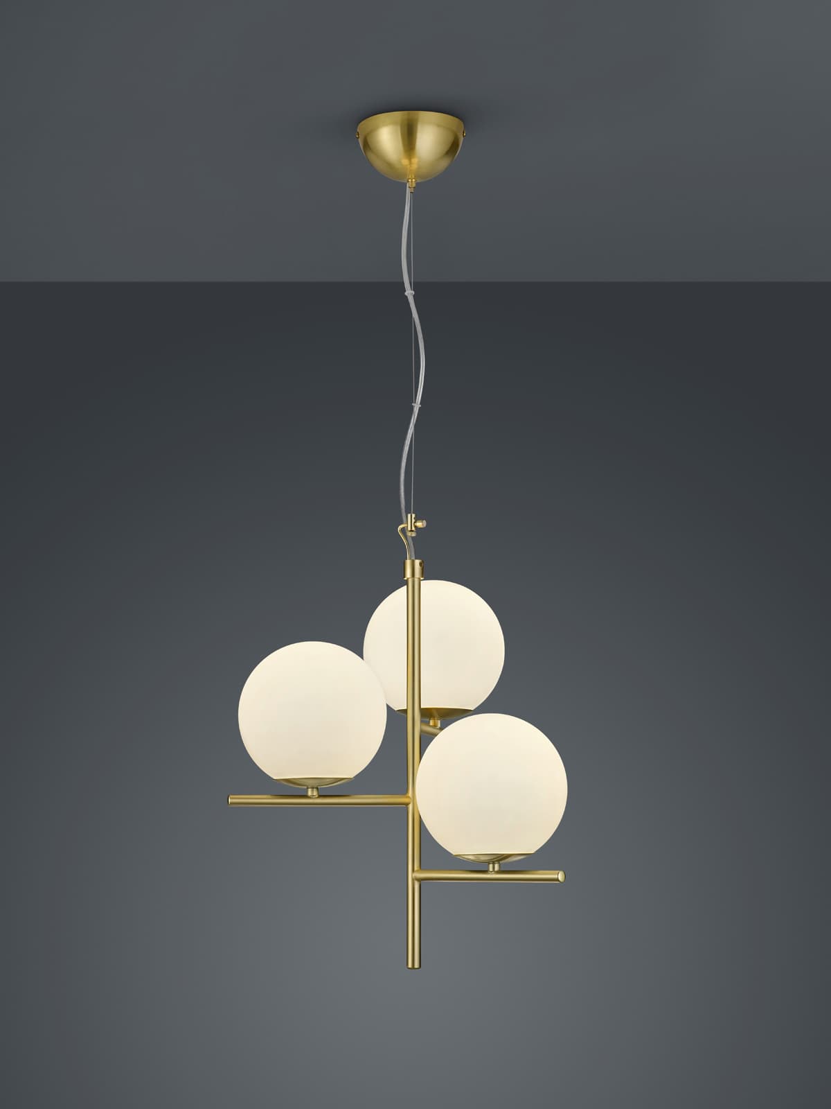 PURE SOSPENSIONE METALLO COLORE OTTONE OPACO CON 3 SFERE BIANCHE D. 40CM ATTACCO E14