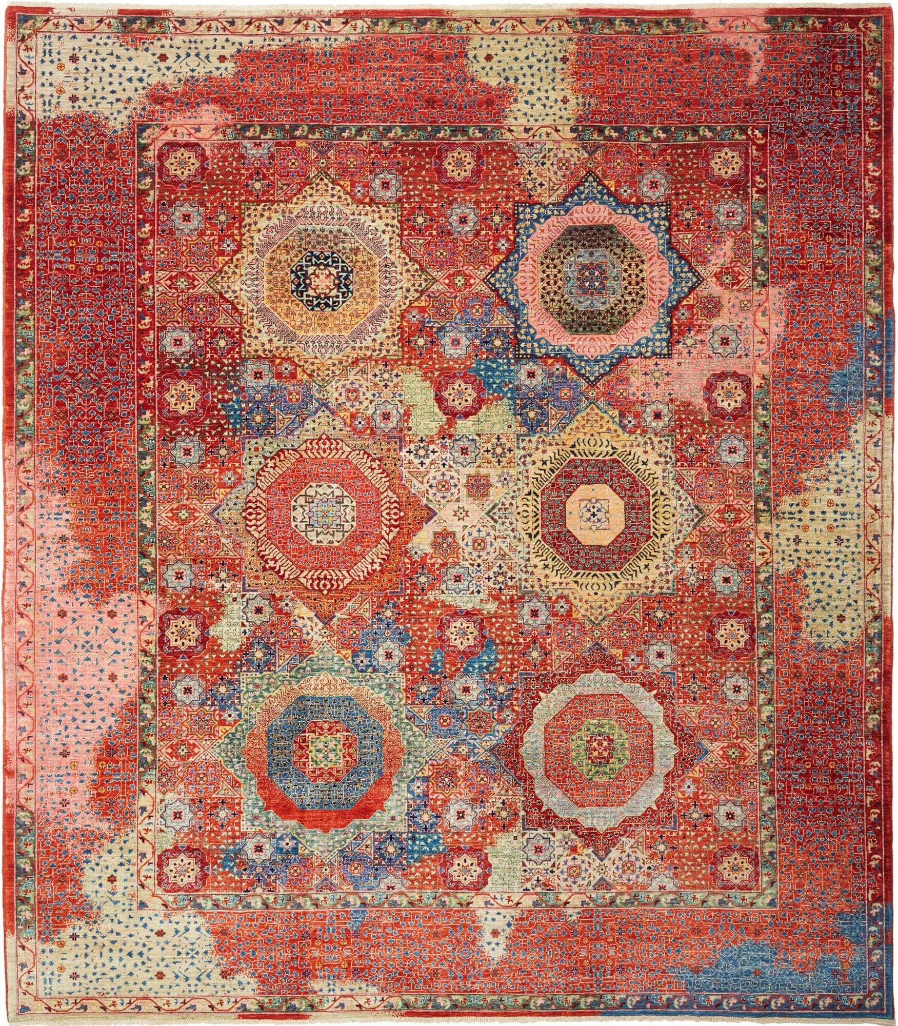 Mamlouk Pakistan Floreale Rosso Crema Blu Oro Verde Rosa Beige 253x287 Cm